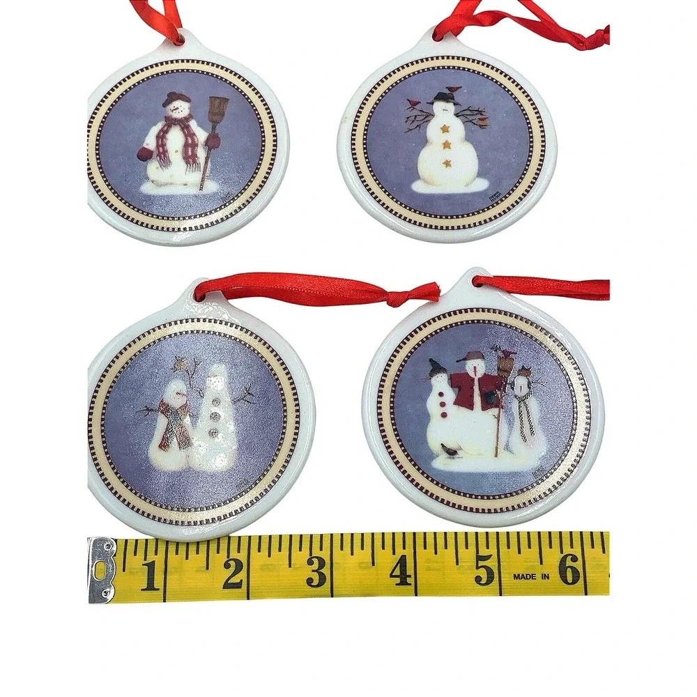 Vtg Debbie Mumm Sakura Snowman Set Of 4 Ceramic Christmas Ornaments NIB‎
